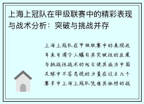 上海上冠队在甲级联赛中的精彩表现与战术分析：突破与挑战并存